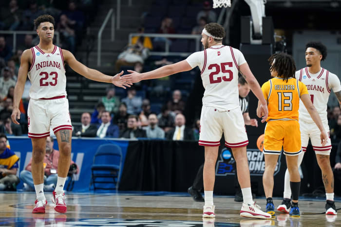 Indiana Hoosiers forward Trayce Jackson-Davis (23) and forward Race Thompson (25) in the second half against the Kent State Golden Flashes at MVP Arena.